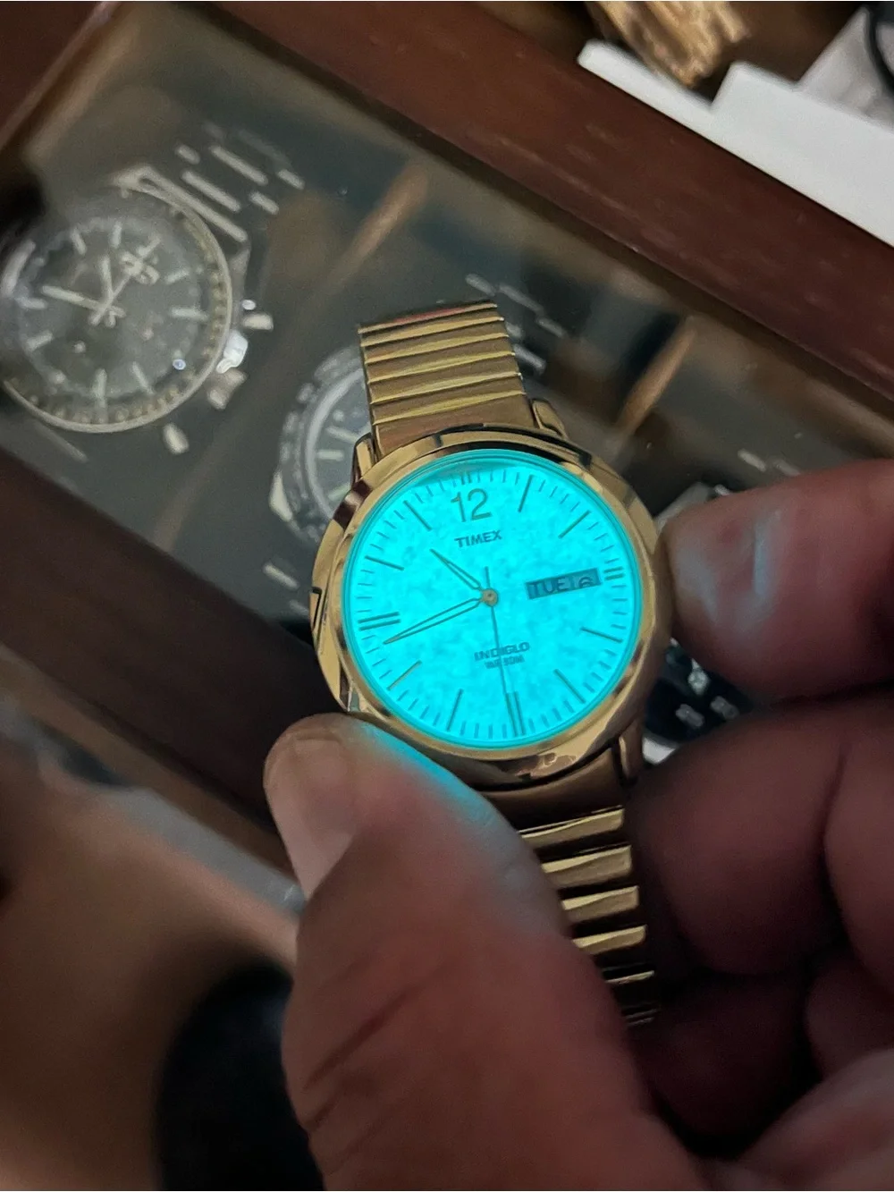 Timex Gold Tone Watch with White Dial and Day-Date